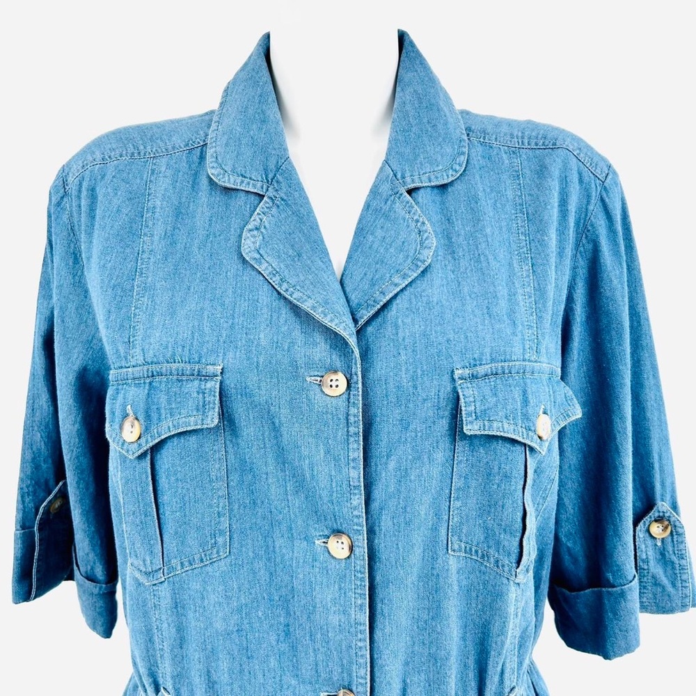 Vintage 80s 90s denim shirt dress UK 12 button up Knee length chambray cotton - Picture 4 of 7